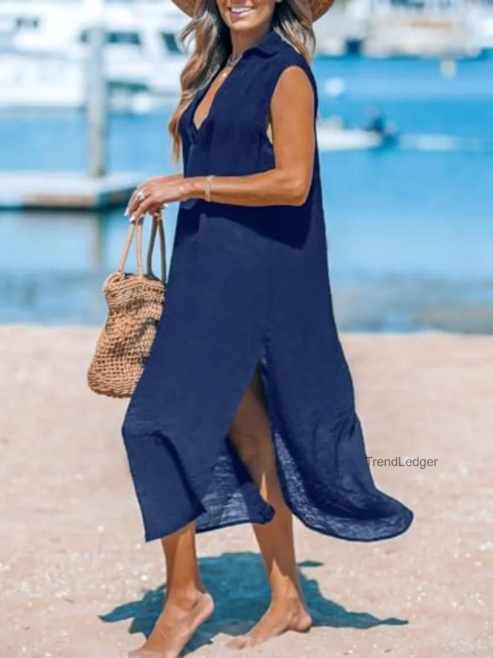 Sleeveless V Neck Midi Beach Cover Up Dress Side Split Cardigan
